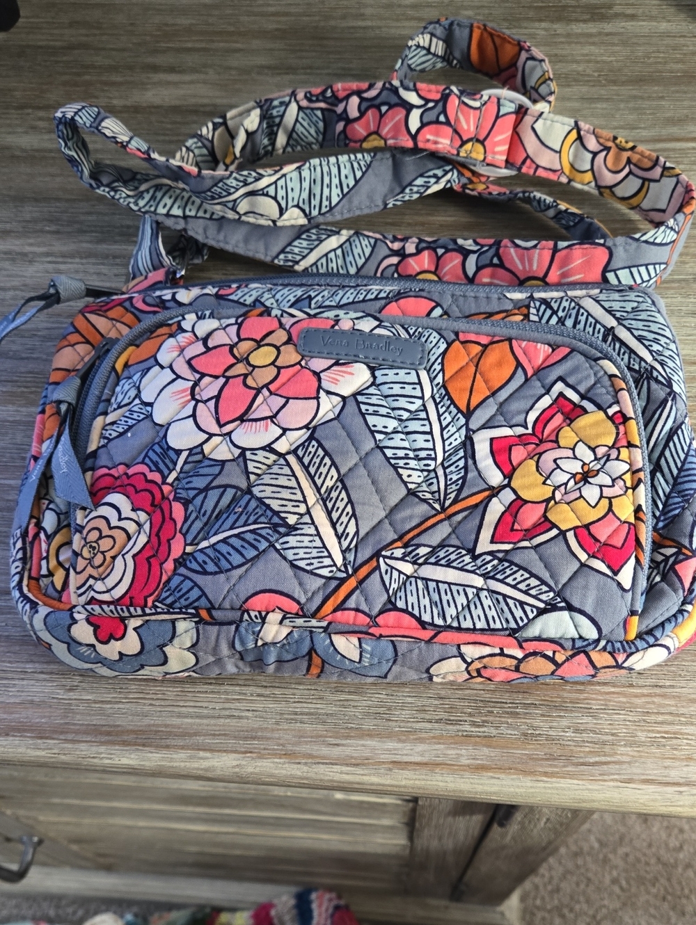 Vera Bradley Quilted Floral Crossbody in Gray with Pink and Orange Flowers